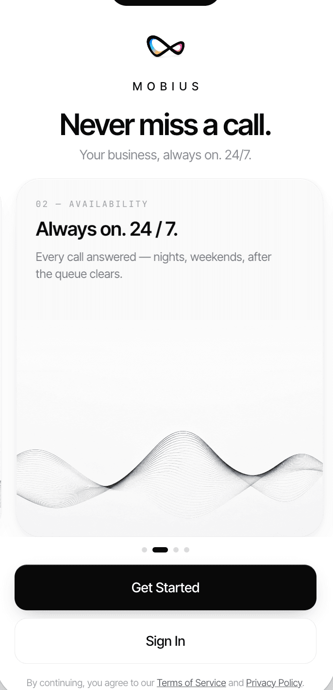 Mobius onboarding screen — Never miss a call